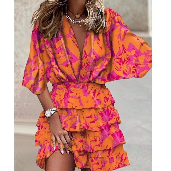 Boho Floral Print Batwing Sleeve Ruffle Tiered Mini Dress - Picture 6 of 7
